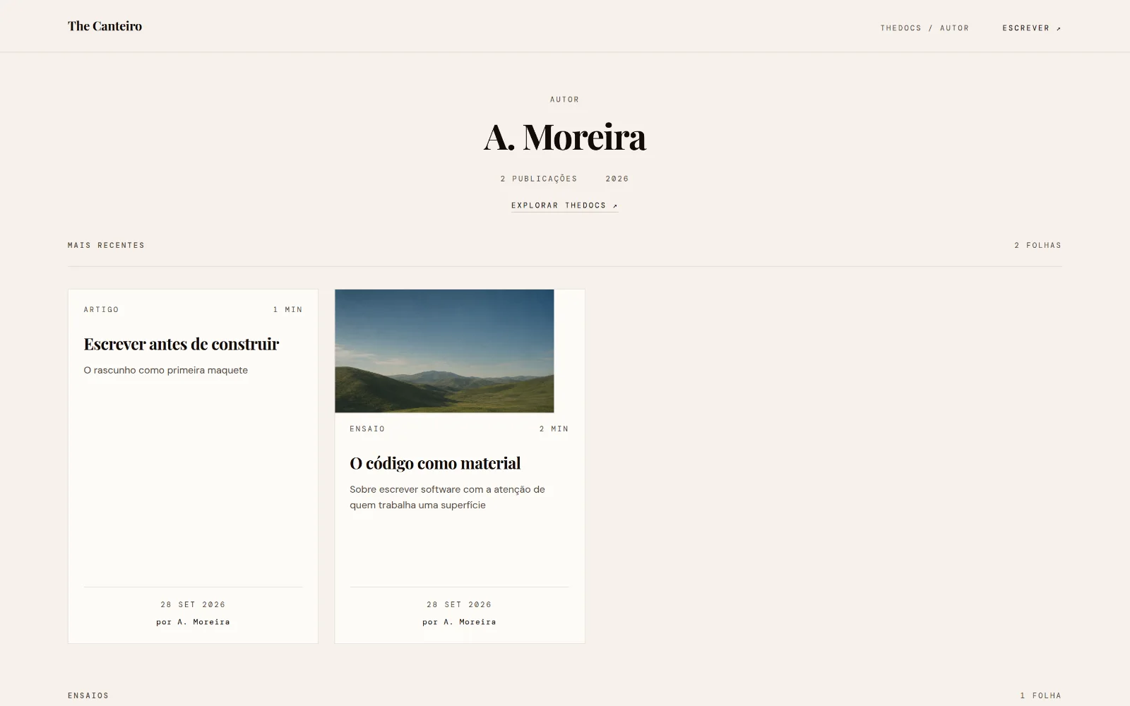 O arquivo de A. Moreira: o nome do autor, o número de publicações e as folhas de cada texto.