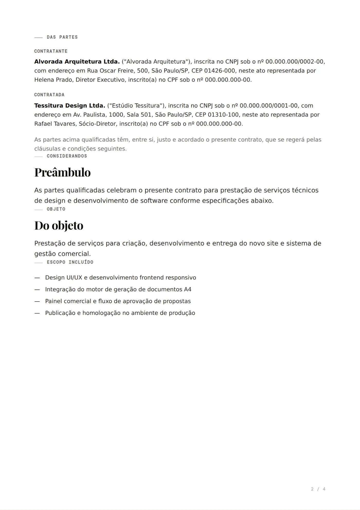 Página de um contrato de prestação de serviços: as partes qualificadas, o preâmbulo, o objeto e o escopo.