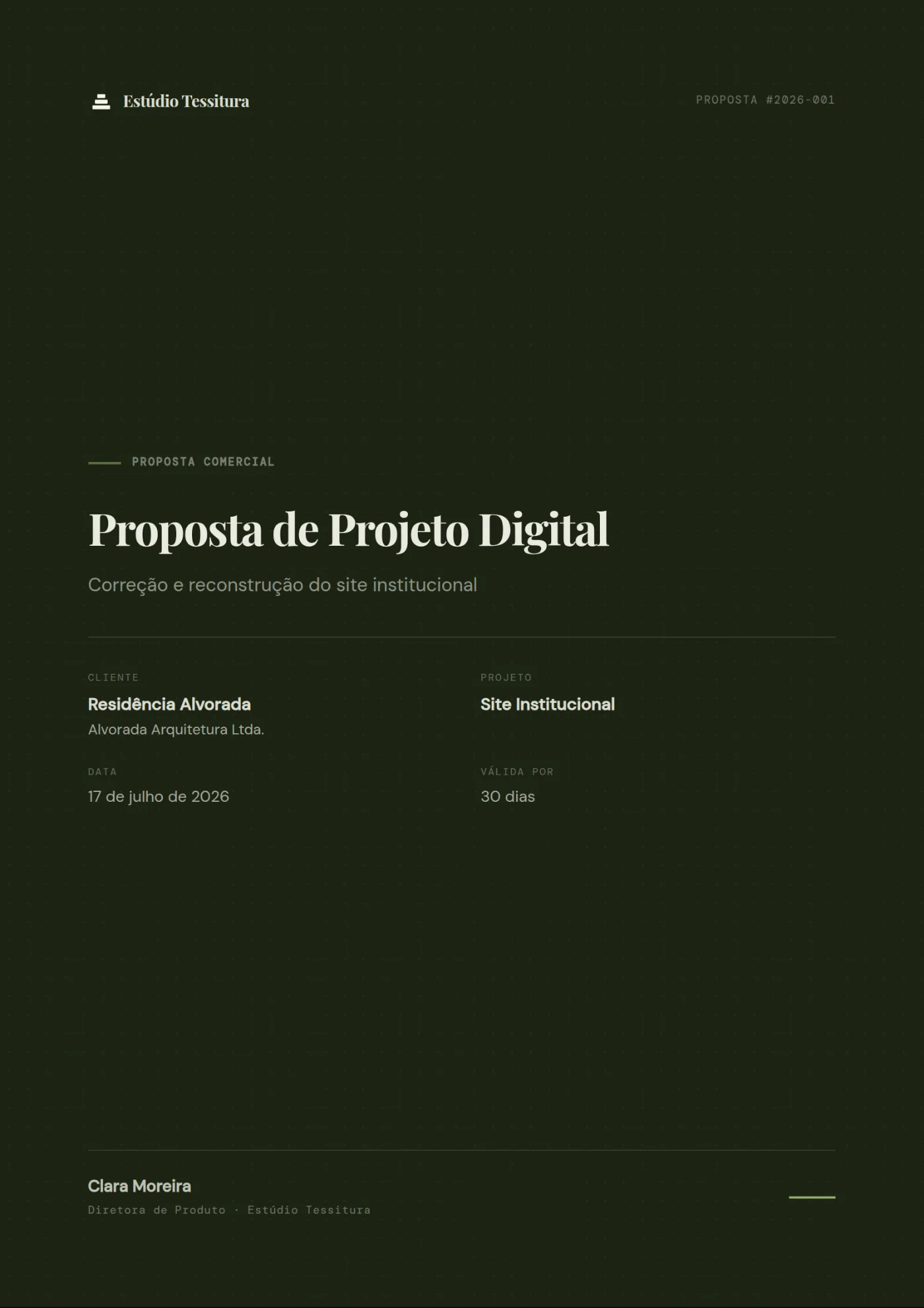 A mesma proposta com a identidade Oliva: fundo verde-escuro, mesmos textos.