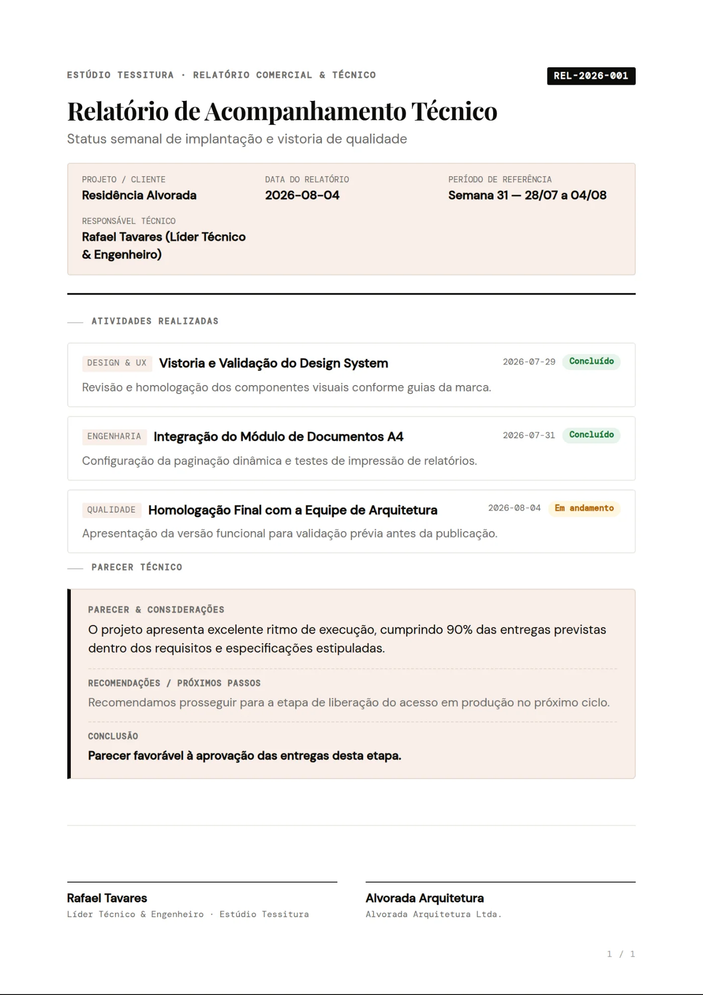 Relatório de acompanhamento técnico com atividades realizadas, estados e o parecer do responsável.
